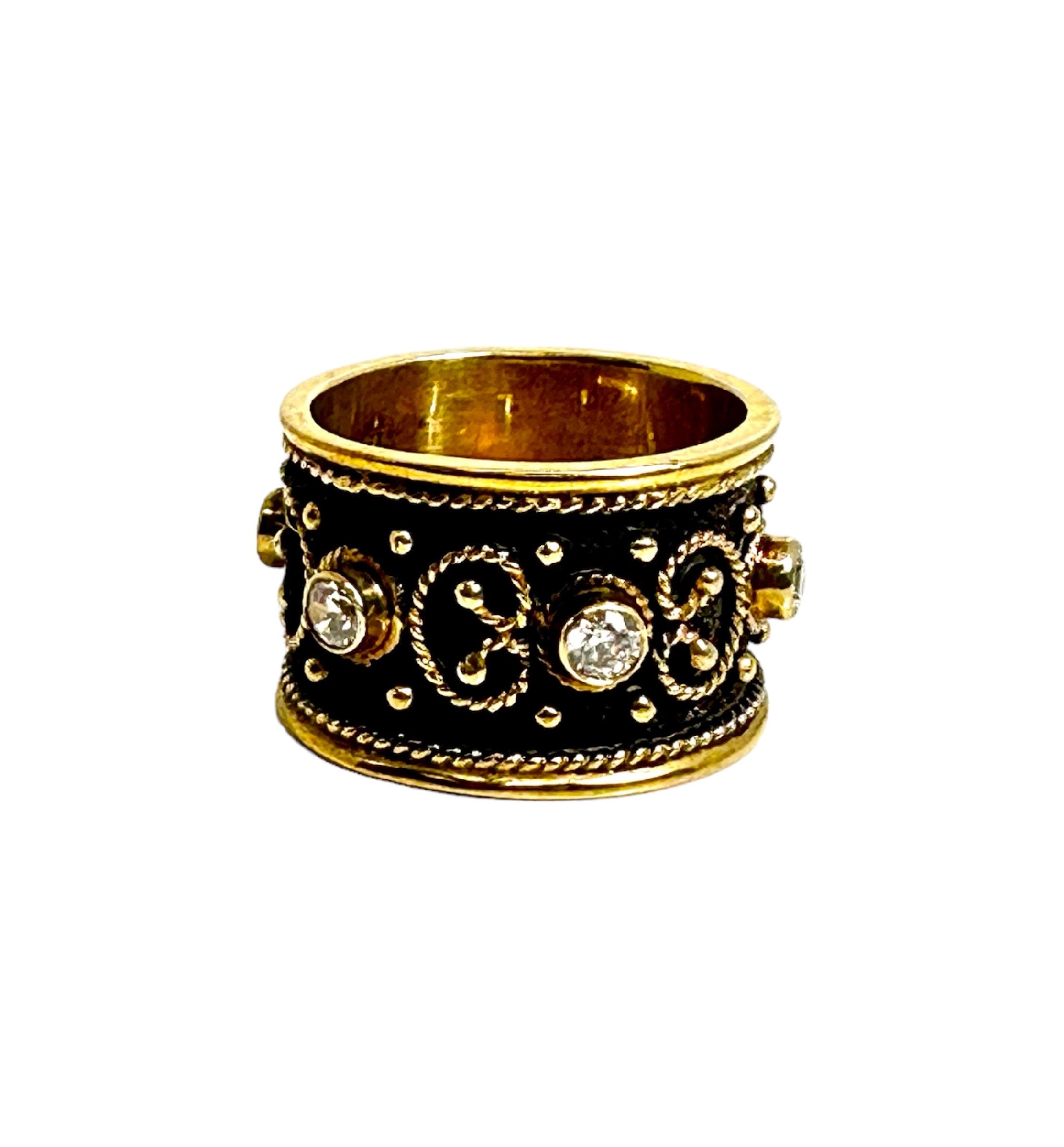 Hand Crafted Oxidized Sterling Silver Ring with Gold Plated Accents and Cubic Zirconia