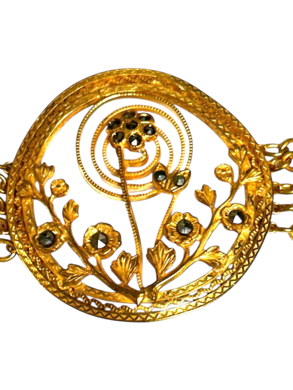 Gold Tone Marcasite Chain Bracelet with Center Flower Design and Scroll Design Clasp