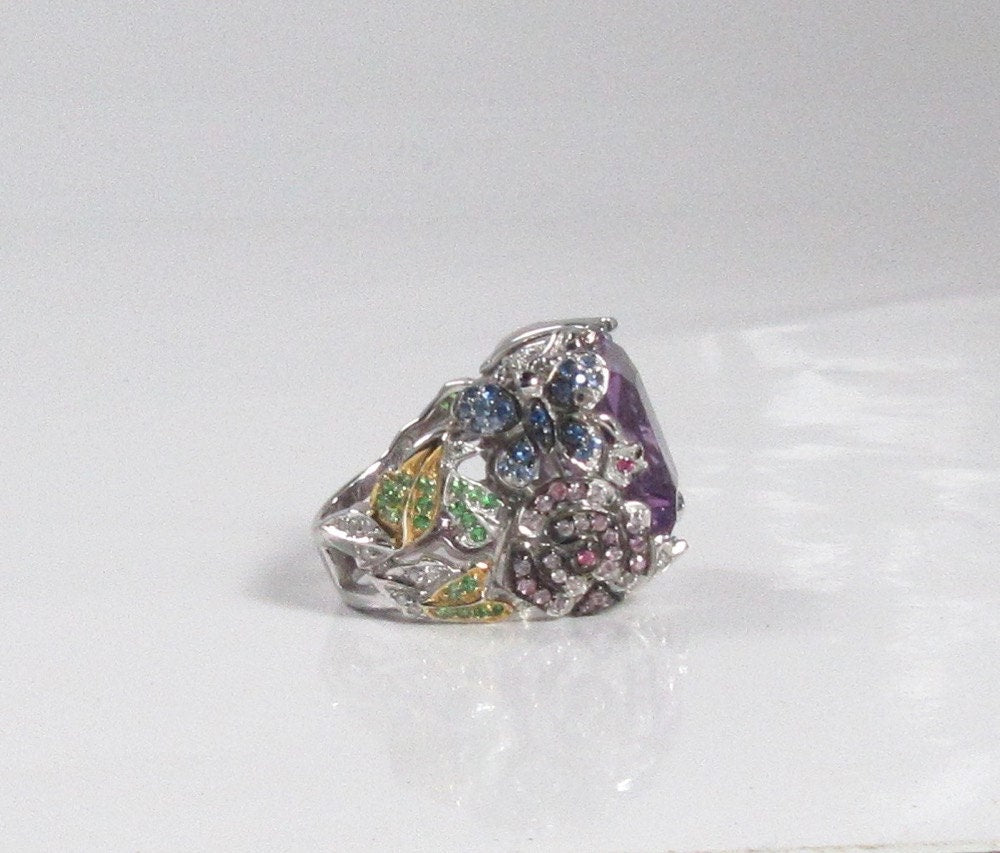 18K White Gold Amethyst Cocktail Ring: Sapphire, Ruby, Diamond Butterfly Flower Ring