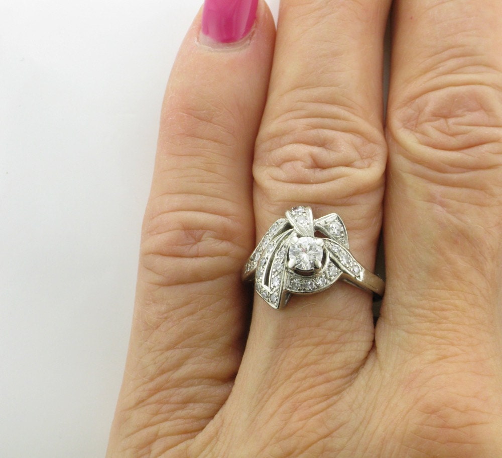 1950s White Gold Diamond Cocktail Ring: 0.34 Carat Center Stone