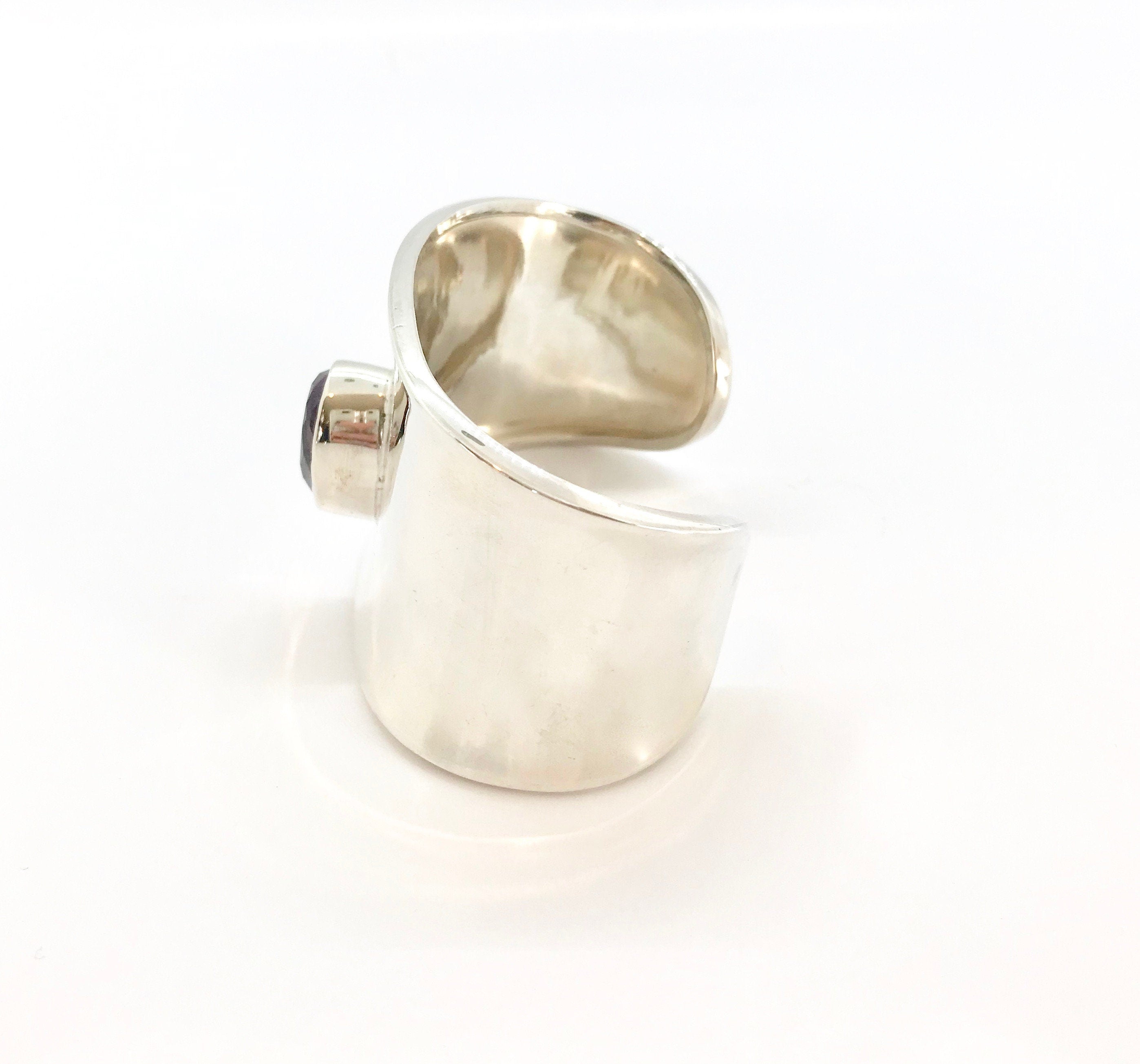 Sterling Silver Cuff Bracelet: Pear Amethyst, Stamped Mexico