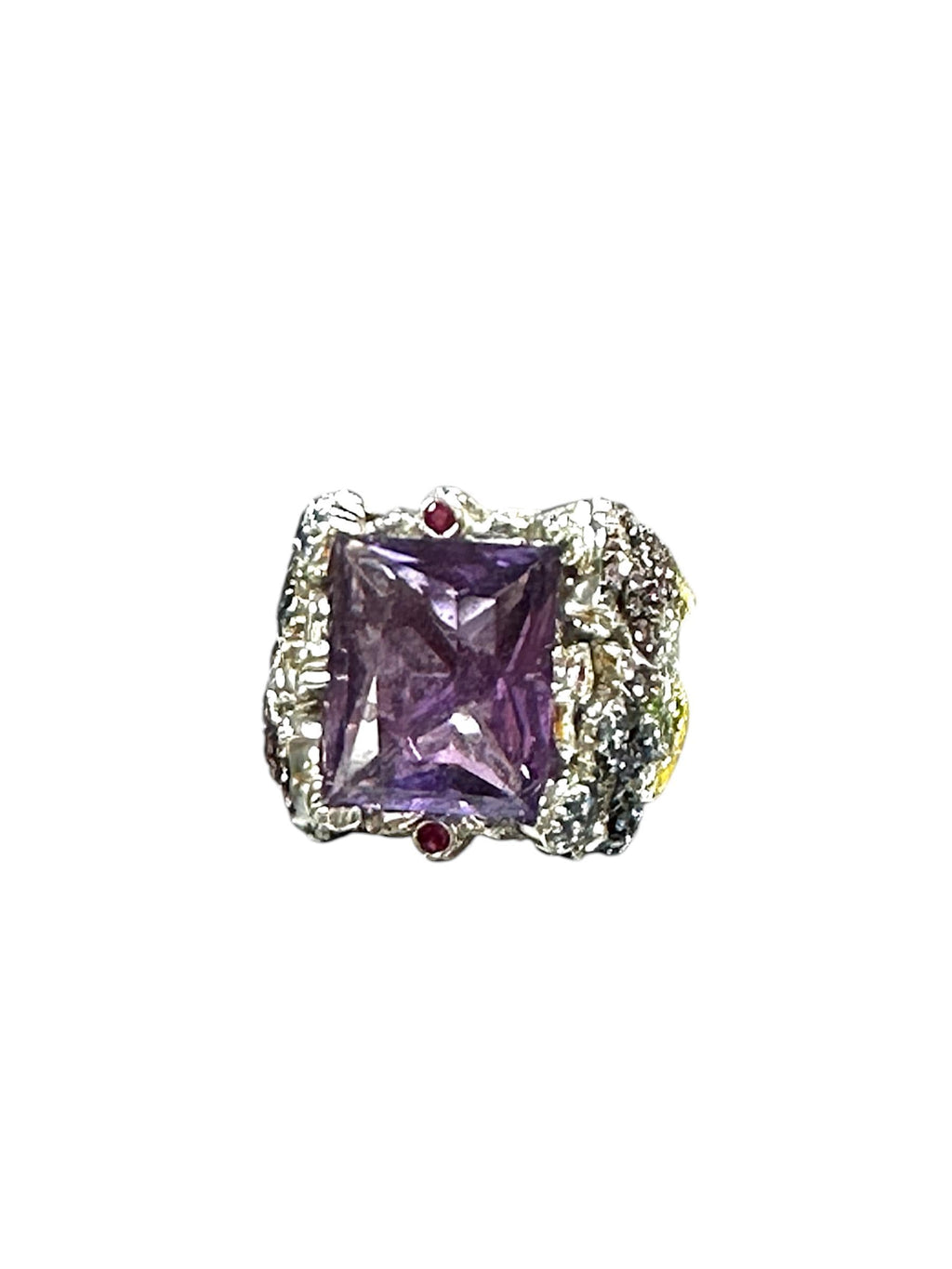 18K White Gold Amethyst Cocktail Ring: Sapphire, Ruby, Diamond Butterfly Flower Ring