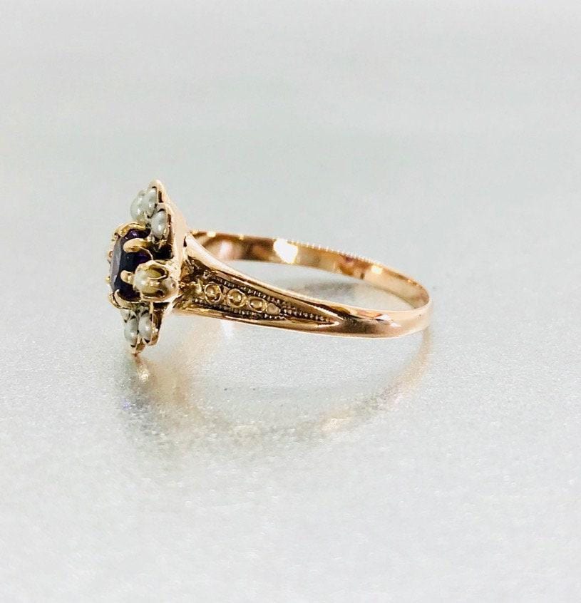 Victorian 10k Yellow Gold Amethyst Pearl Ring: February Birthstone