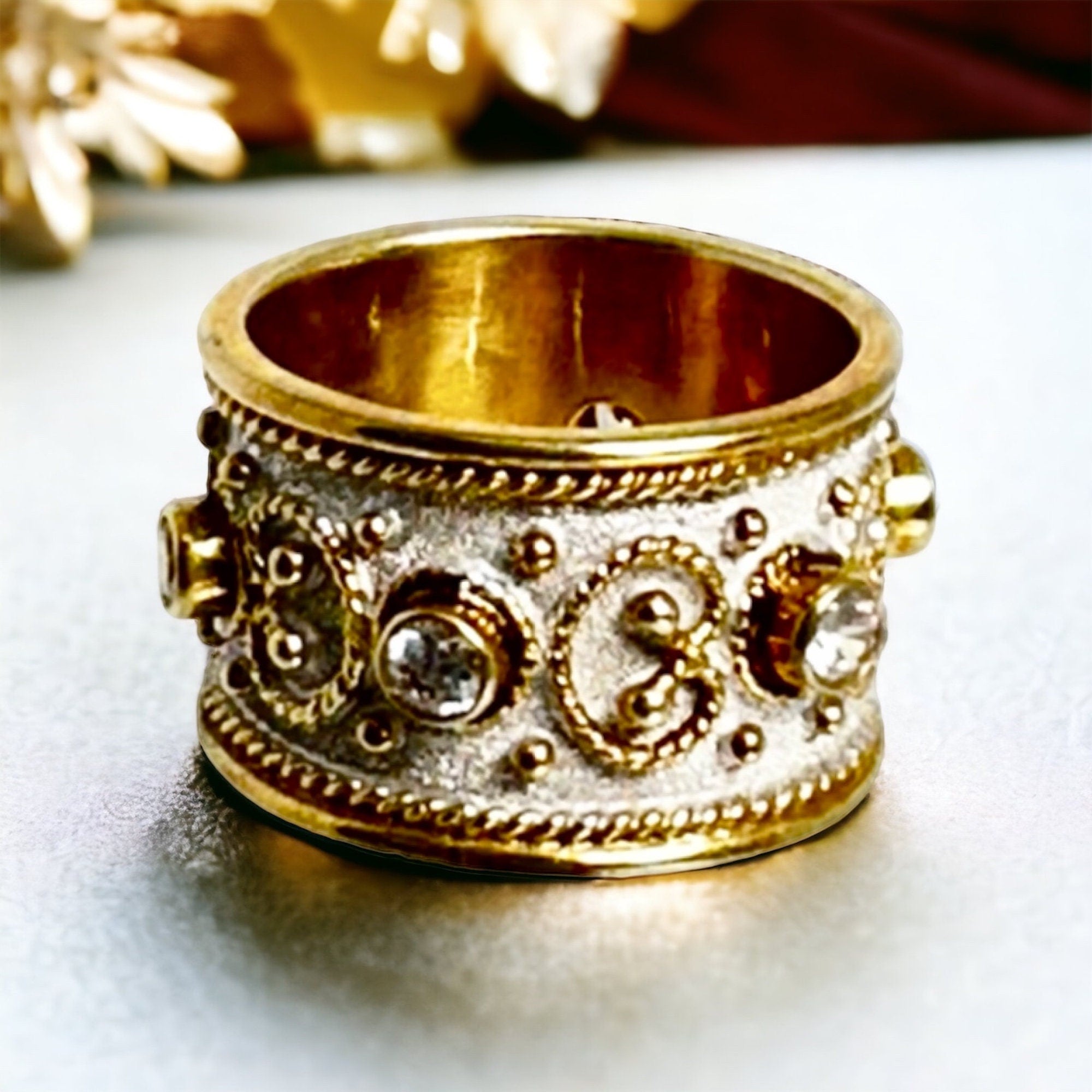 Hand Crafted Sterling Silver Ring with Gold Plated Accents and Cubic Zirconia