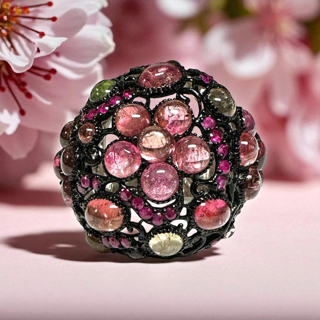 Oxidized Sterling Silver Dome Tourmaline and Ruby Ring, Cabochon Multi-Stone Design