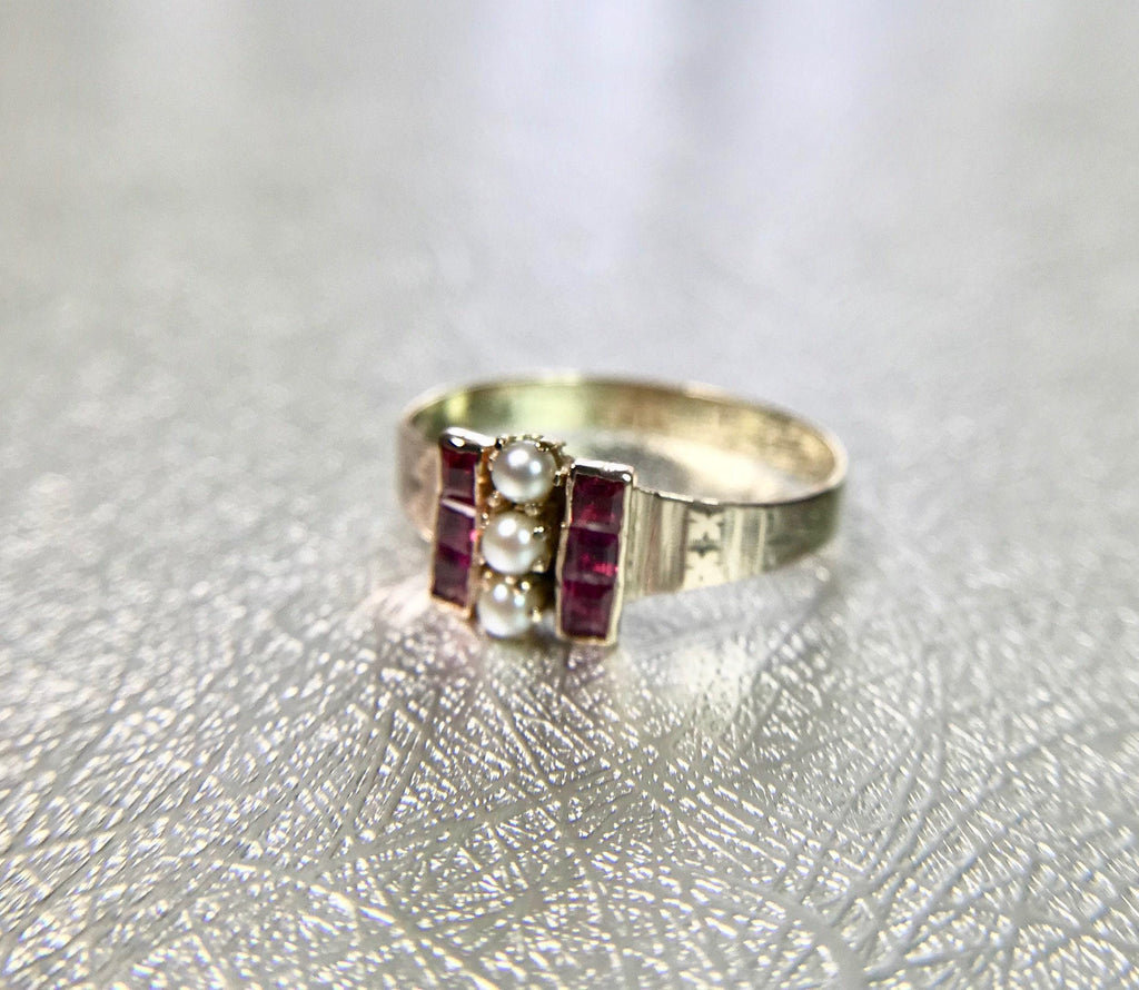 Victorian Ruby and Pearl Ring: 10K Yellow Gold July Birthstone