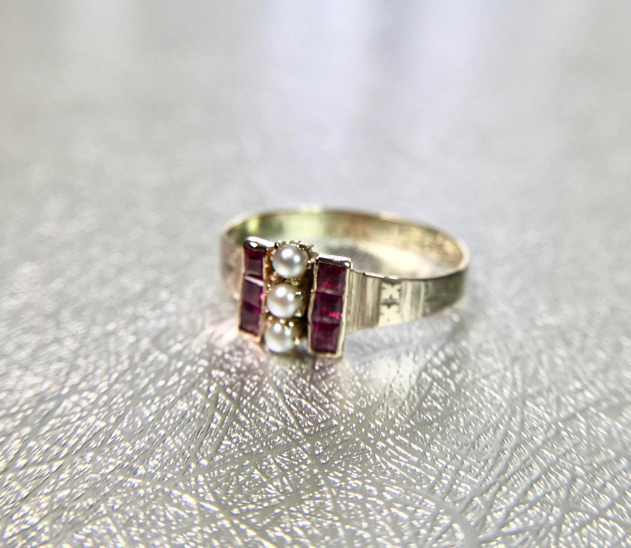 Victorian Ruby and Pearl Ring: 10K Yellow Gold July Birthstone