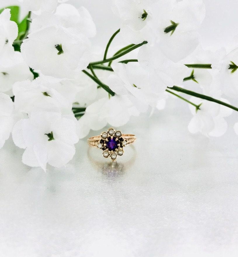Victorian 10k Yellow Gold Amethyst Pearl Ring: February Birthstone