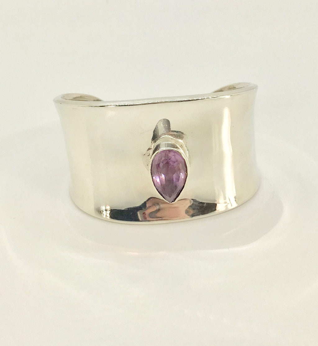 Sterling Silver Cuff Bracelet: Pear Amethyst, Stamped Mexico
