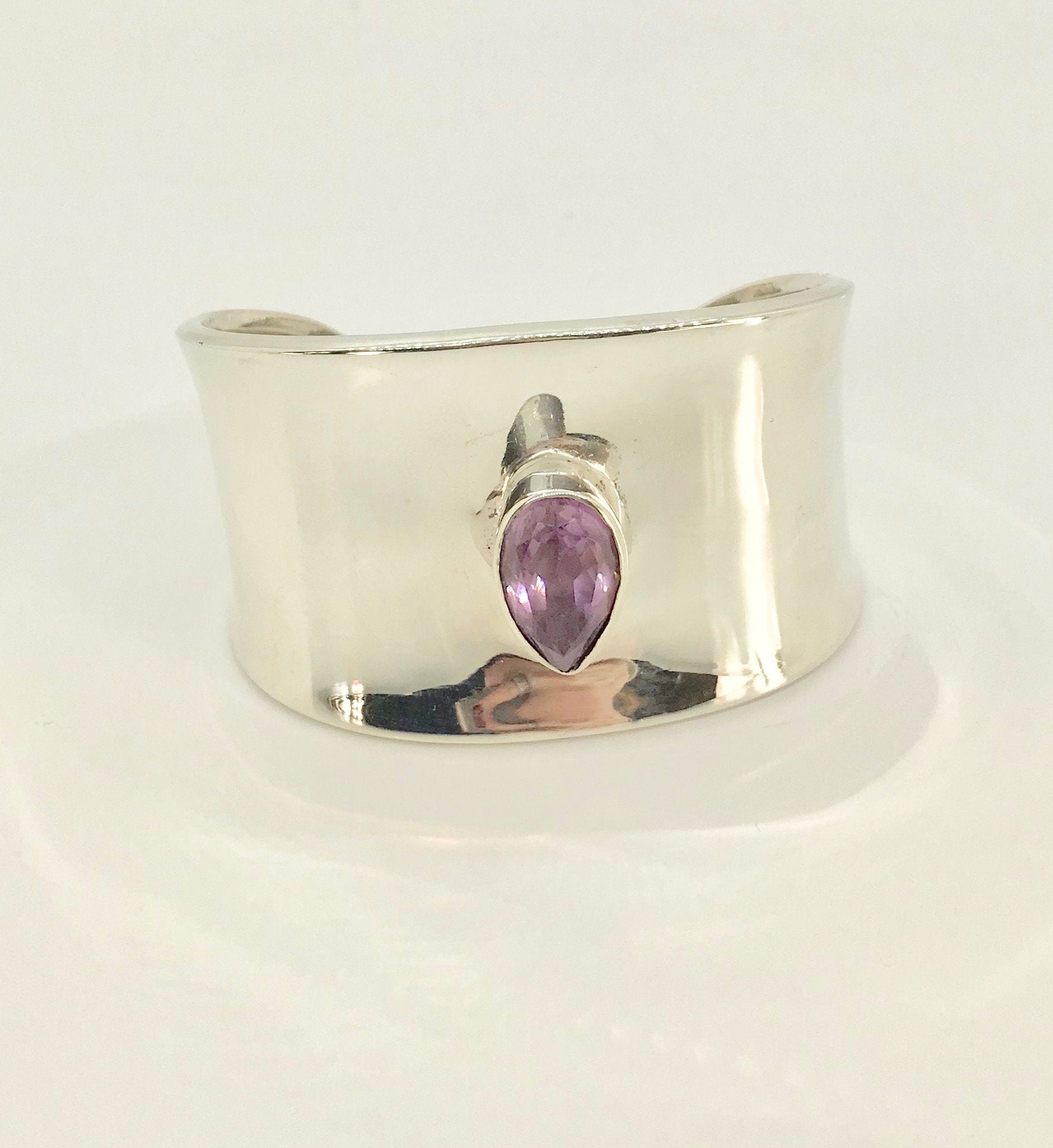 Sterling Silver Cuff Bracelet: Pear Amethyst, Stamped Mexico