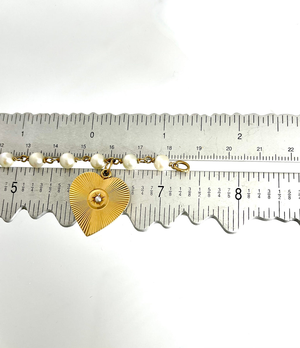 Vintage 14k Gold Heart Charm Bracelet: Cultured Pearl Bridal Jewelry