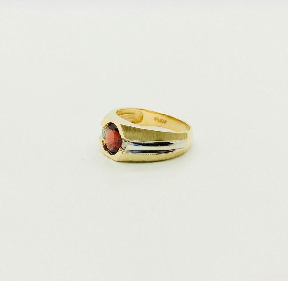 Vintage Garnet and Diamond Two Tone Gold Ring with Brush Finish