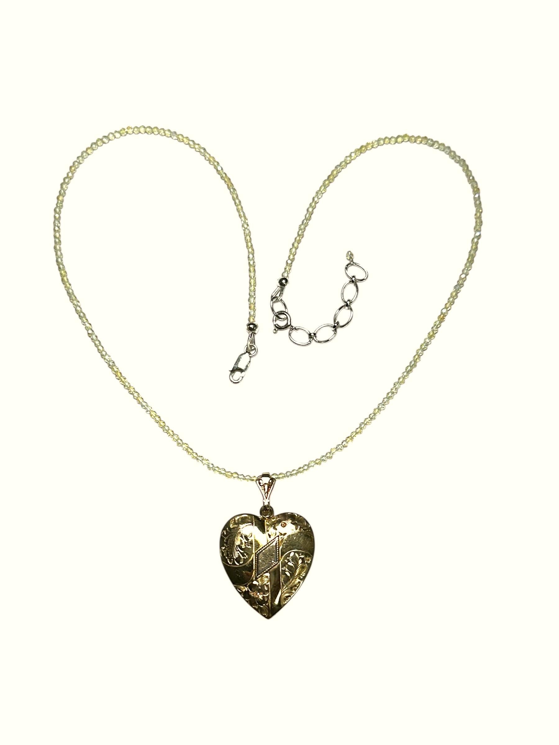 Vintage Gold-Filled Engraved Heart Locket Necklace Suspended by Quartz Crystal