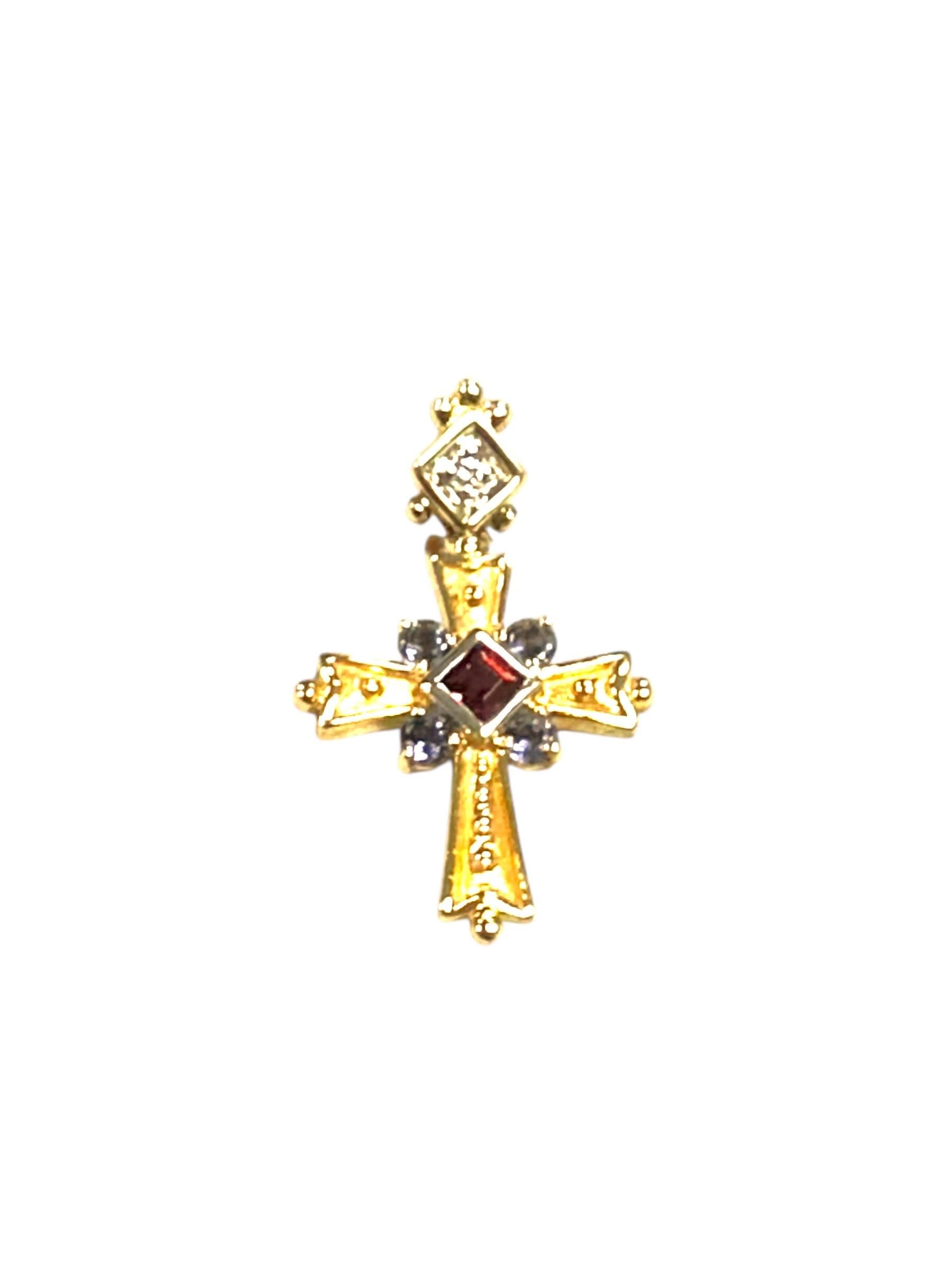 Vintage 14K Yellow Gold Cross Pendant: Pink Tourmaline, Tanzanite & Diamond