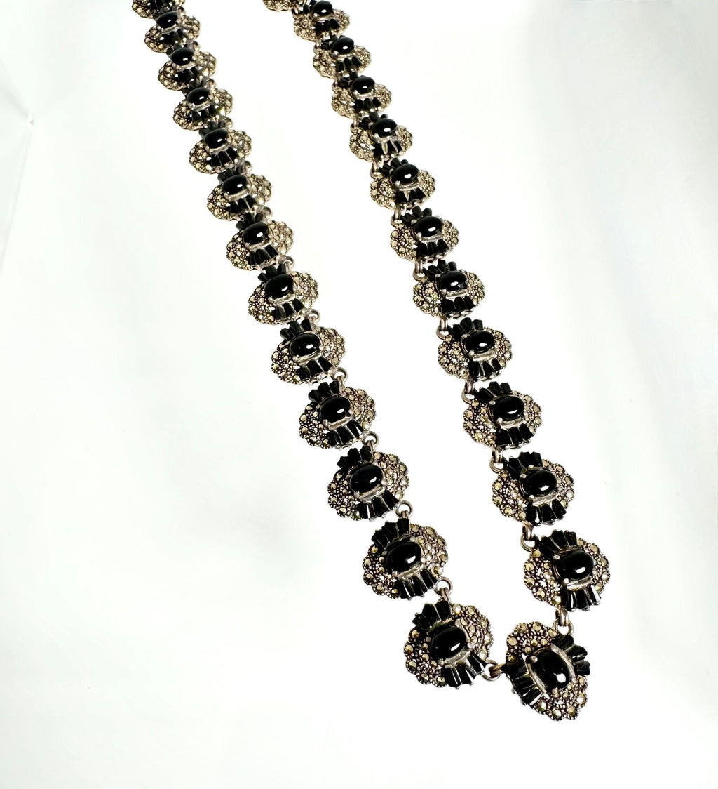 Vintage Sterling Silver Black Onyx Marcasite Link Necklace