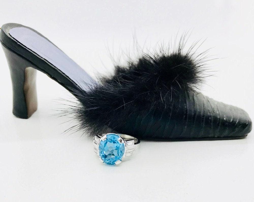 Vintage 10k White Gold Blue Topaz Ring with CZ Accents