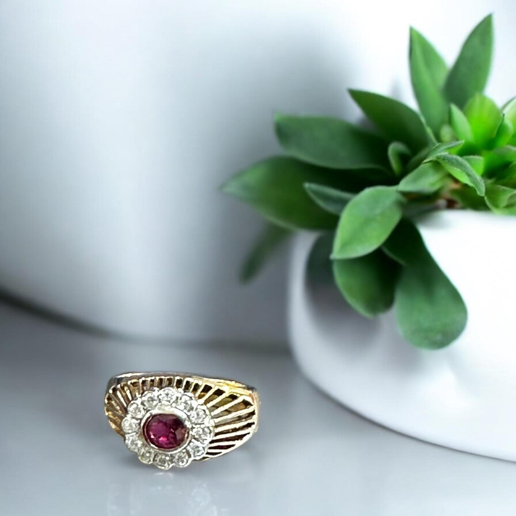 Vintage 14K Yellow Gold Ruby and Diamond Ring, Elevated Ruby Setting