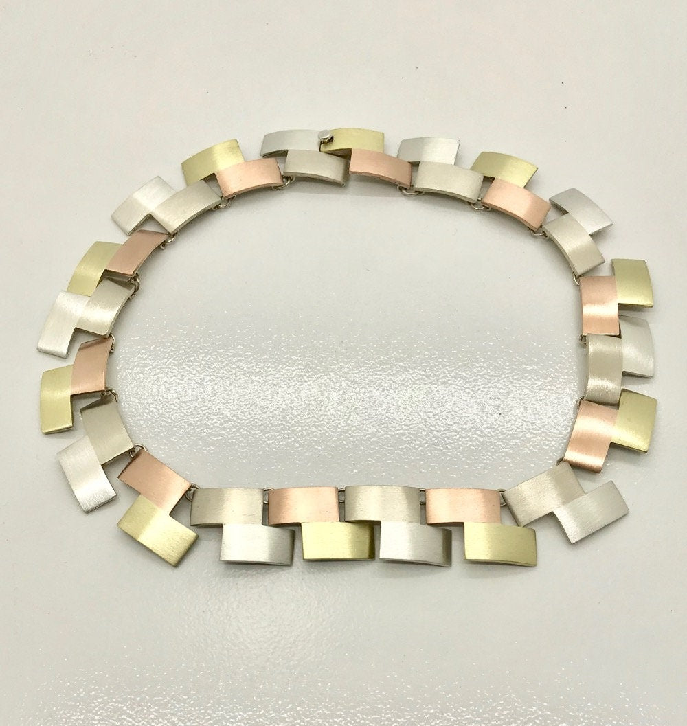 Mixed Metal Necklace Bracelet Earring Set: Sterling Silver, Brass & Copper