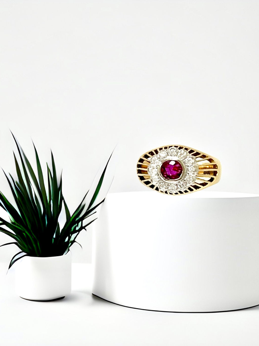 Vintage 14K Yellow Gold Ruby and Diamond Ring, Elevated Ruby Setting