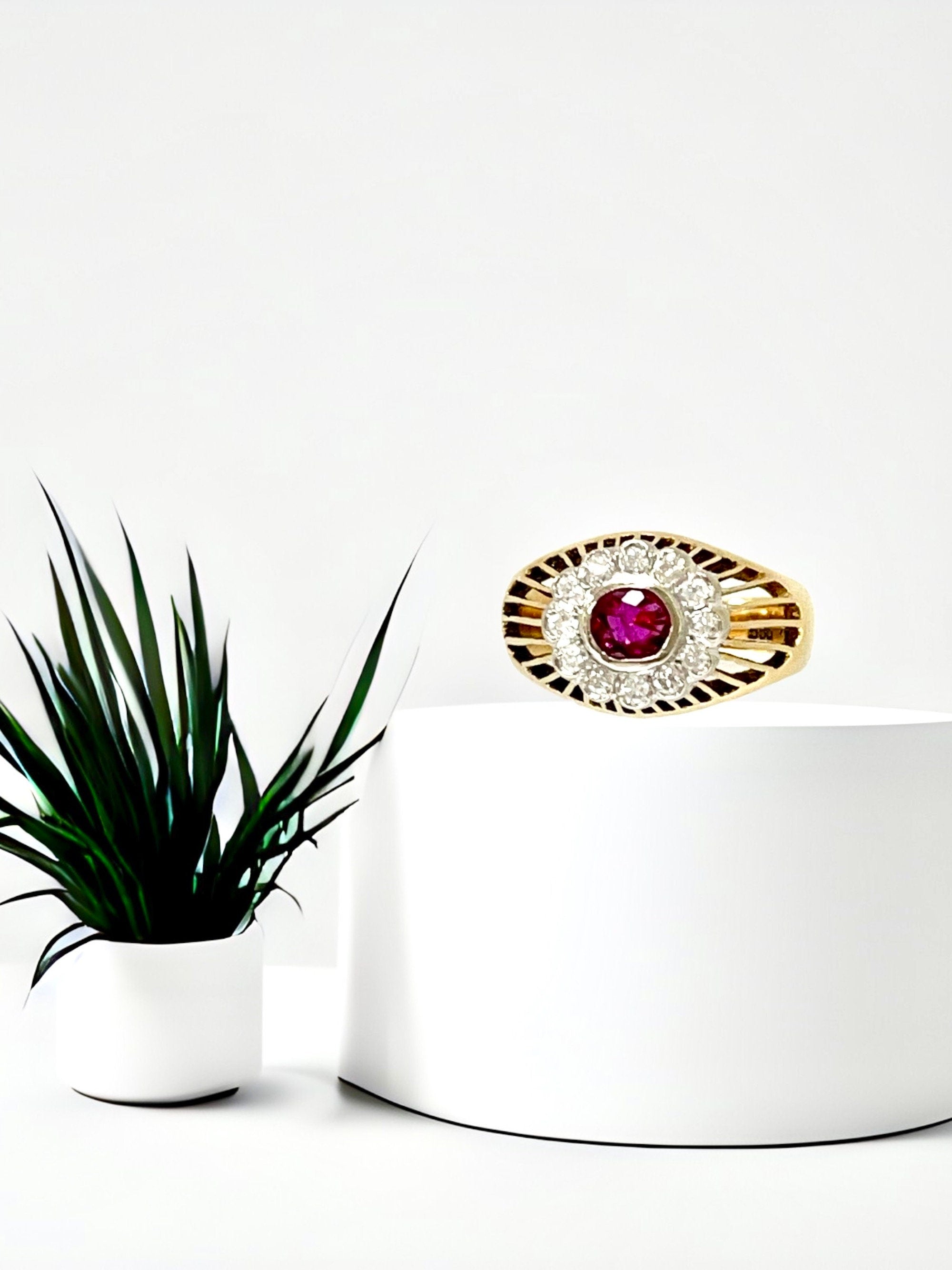 Vintage 14K Yellow Gold Ruby and Diamond Ring, Elevated Ruby Setting