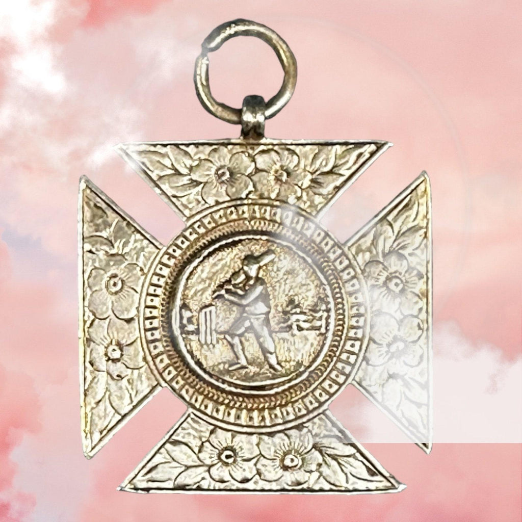 Sterling Silver Hallmarked Cricket Medal with Floral Accent