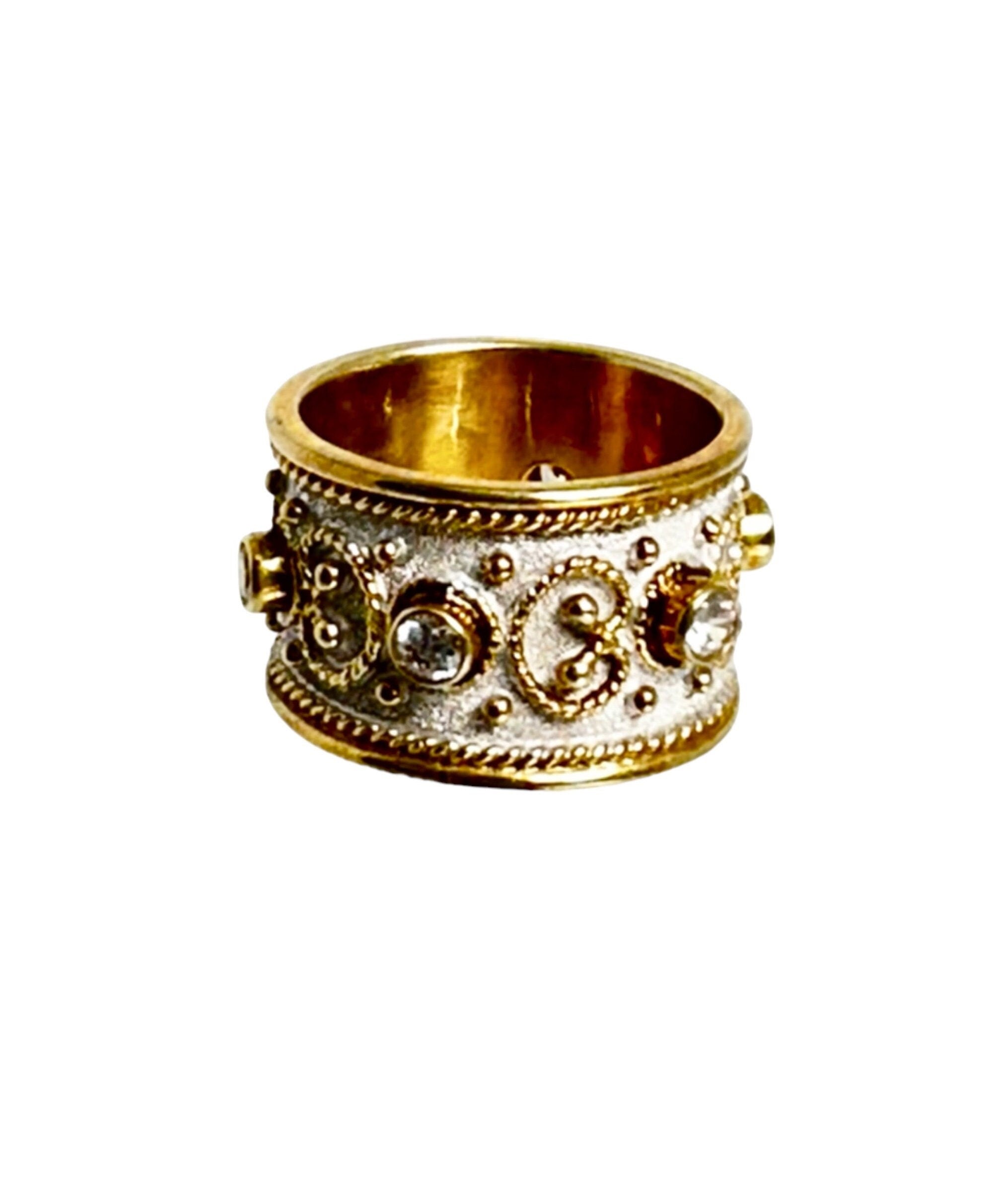 Hand Crafted Sterling Silver Ring with Gold Plated Accents and Cubic Zirconia