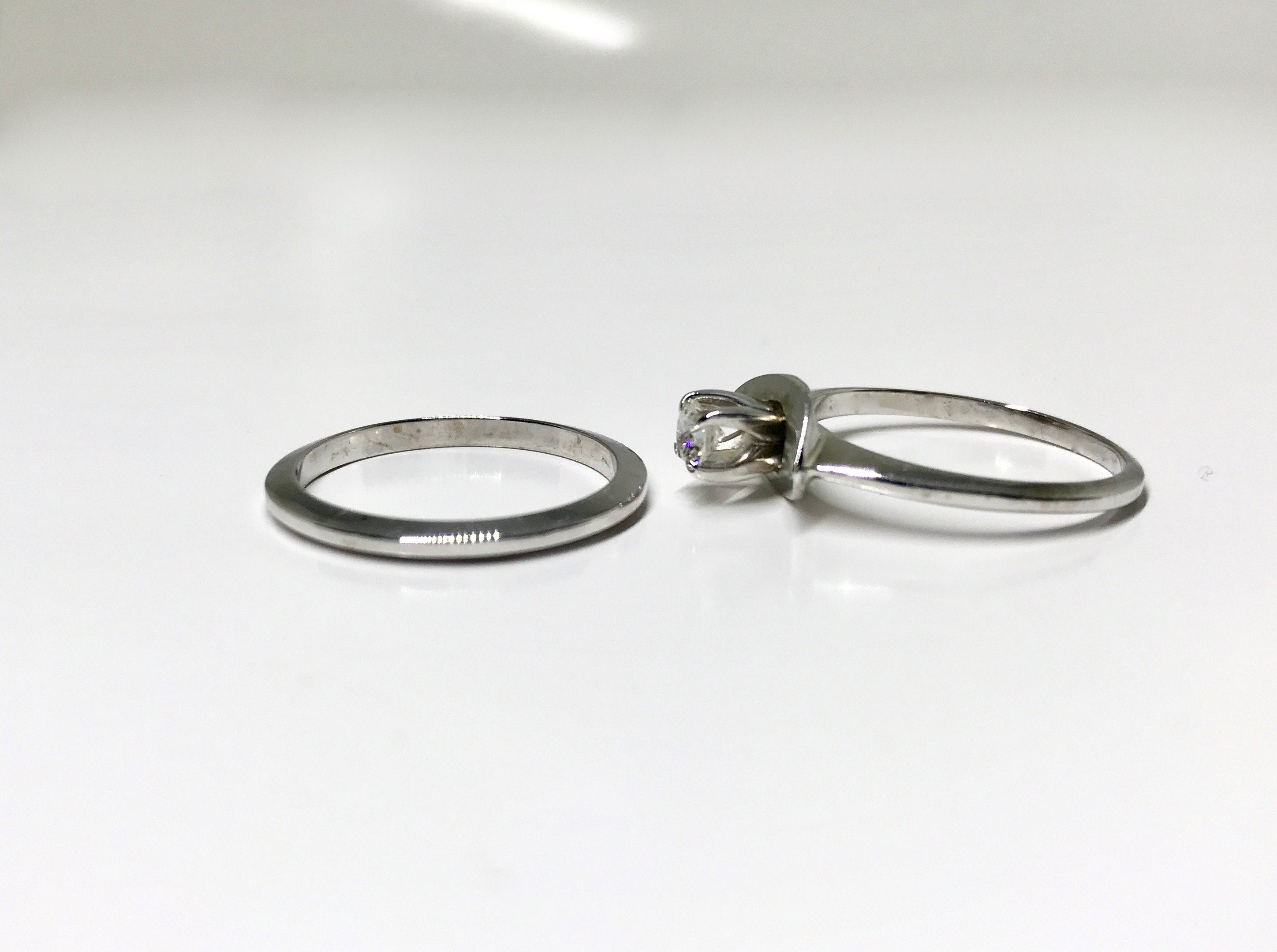Vintage 14k White Gold Diamond Wedding Set: 1960s Engagement Ring