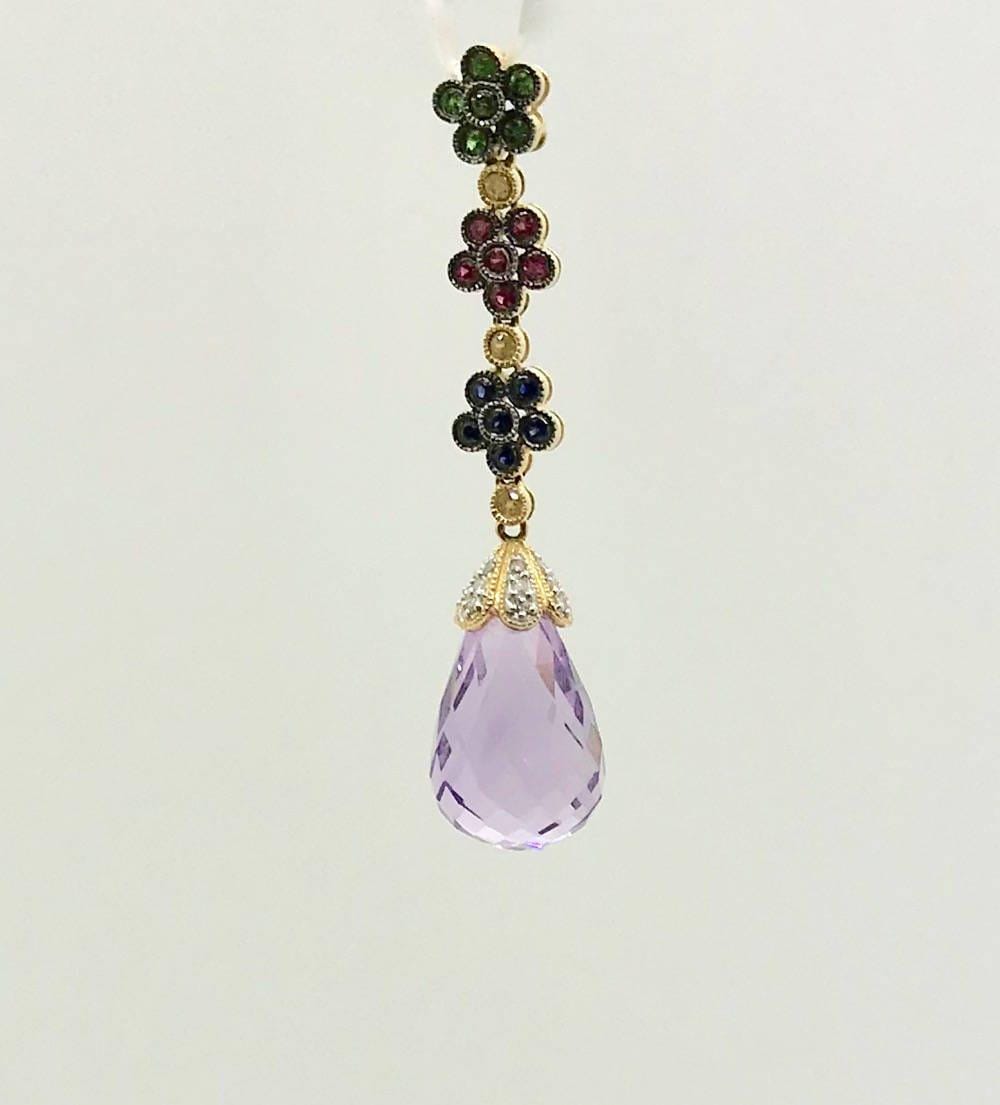 18K Gold Amethyst Briolette Pendant: Ruby, Sapphire, Garnet & Diamond Floral Estate Jewelry