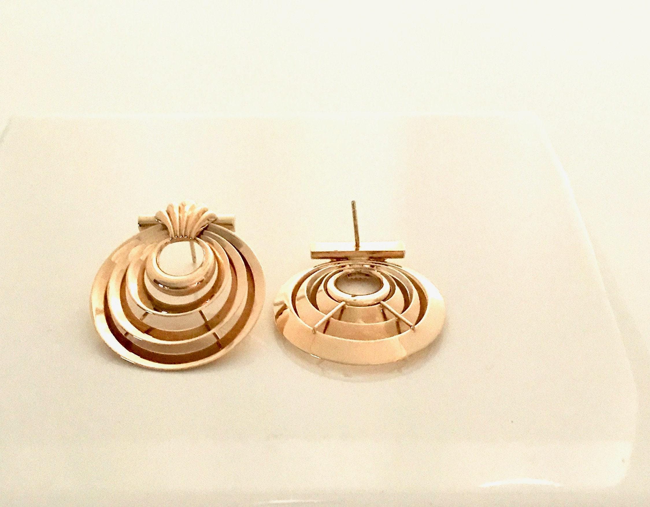 14k Yellow Gold Art Deco Earrings: Pierced Statement Jewelry