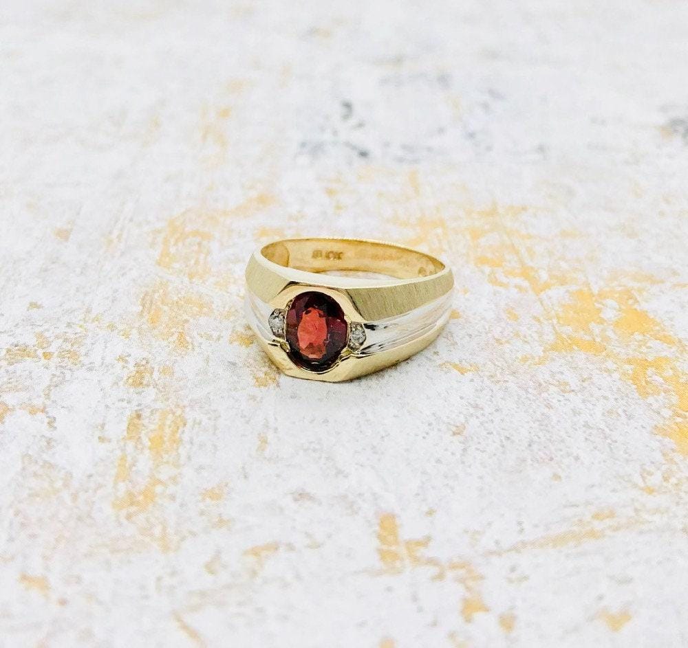 Vintage Garnet and Diamond Two Tone Gold Ring with Brush Finish