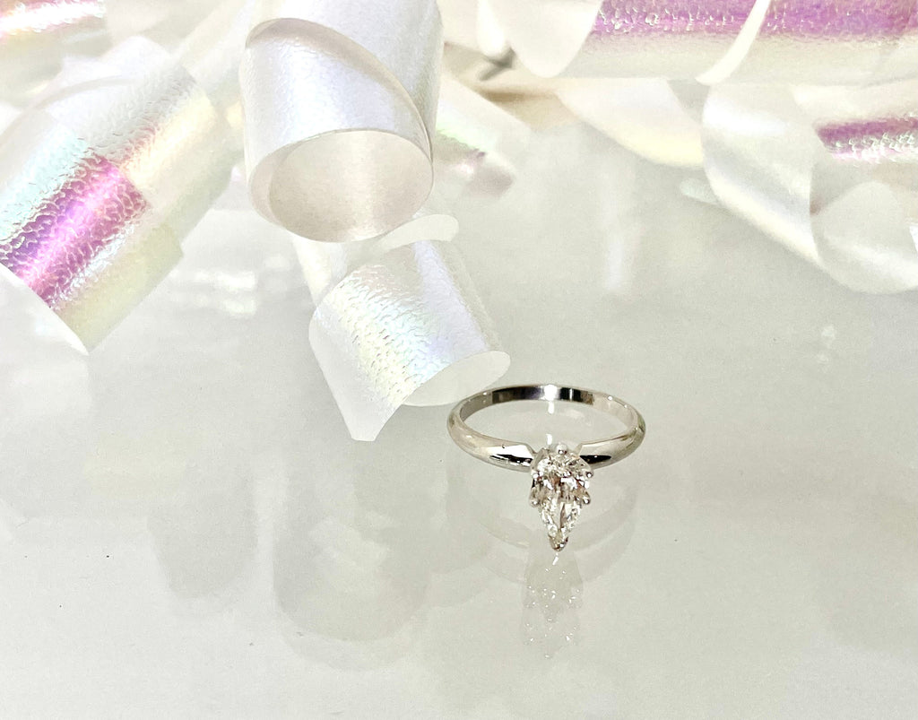 Diamond Engagement Ring-14 Karat White Gold Genuine Pear Shape Diamond-Estate Solitaire Style Ring