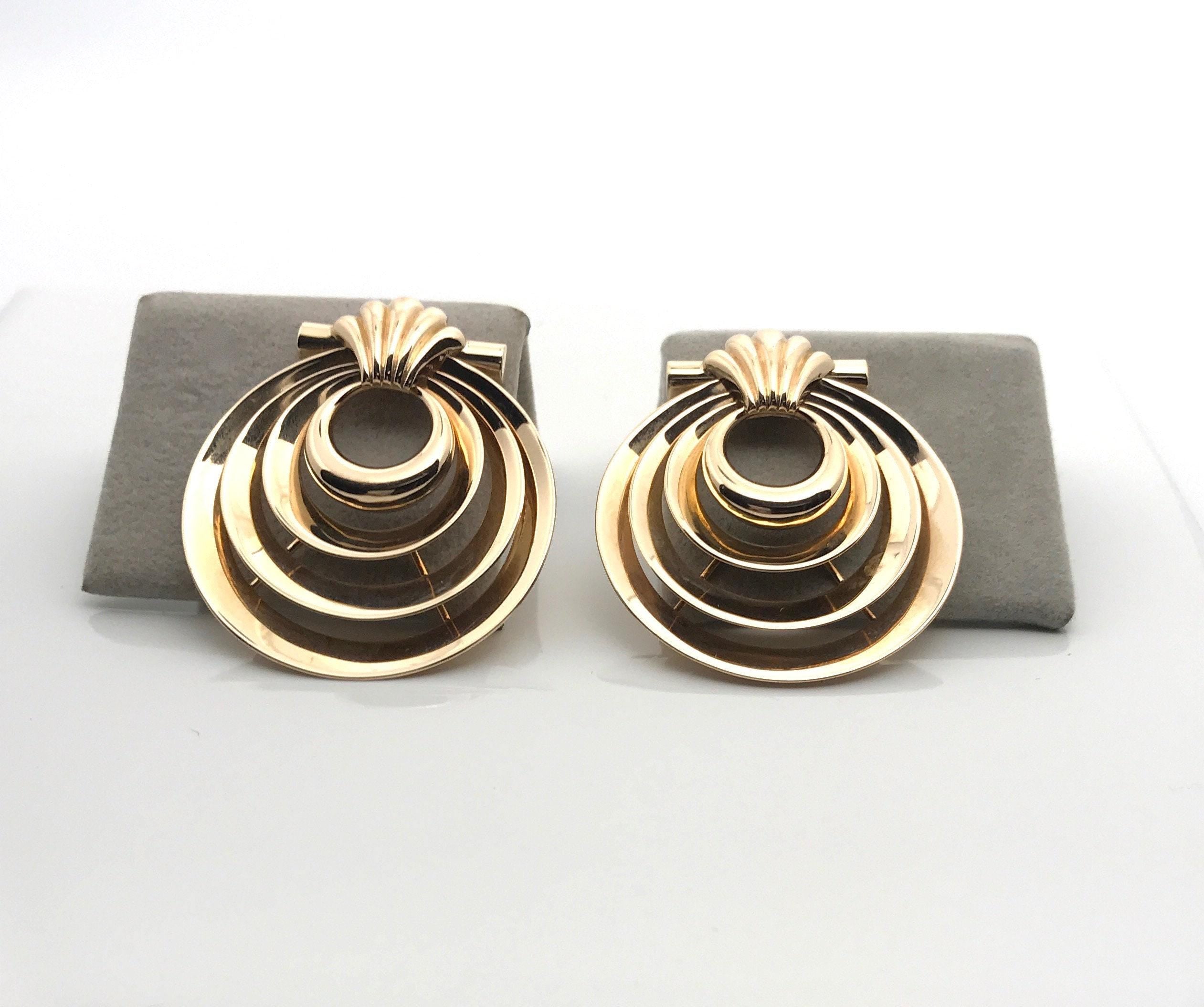 14k Yellow Gold Art Deco Earrings: Pierced Statement Jewelry