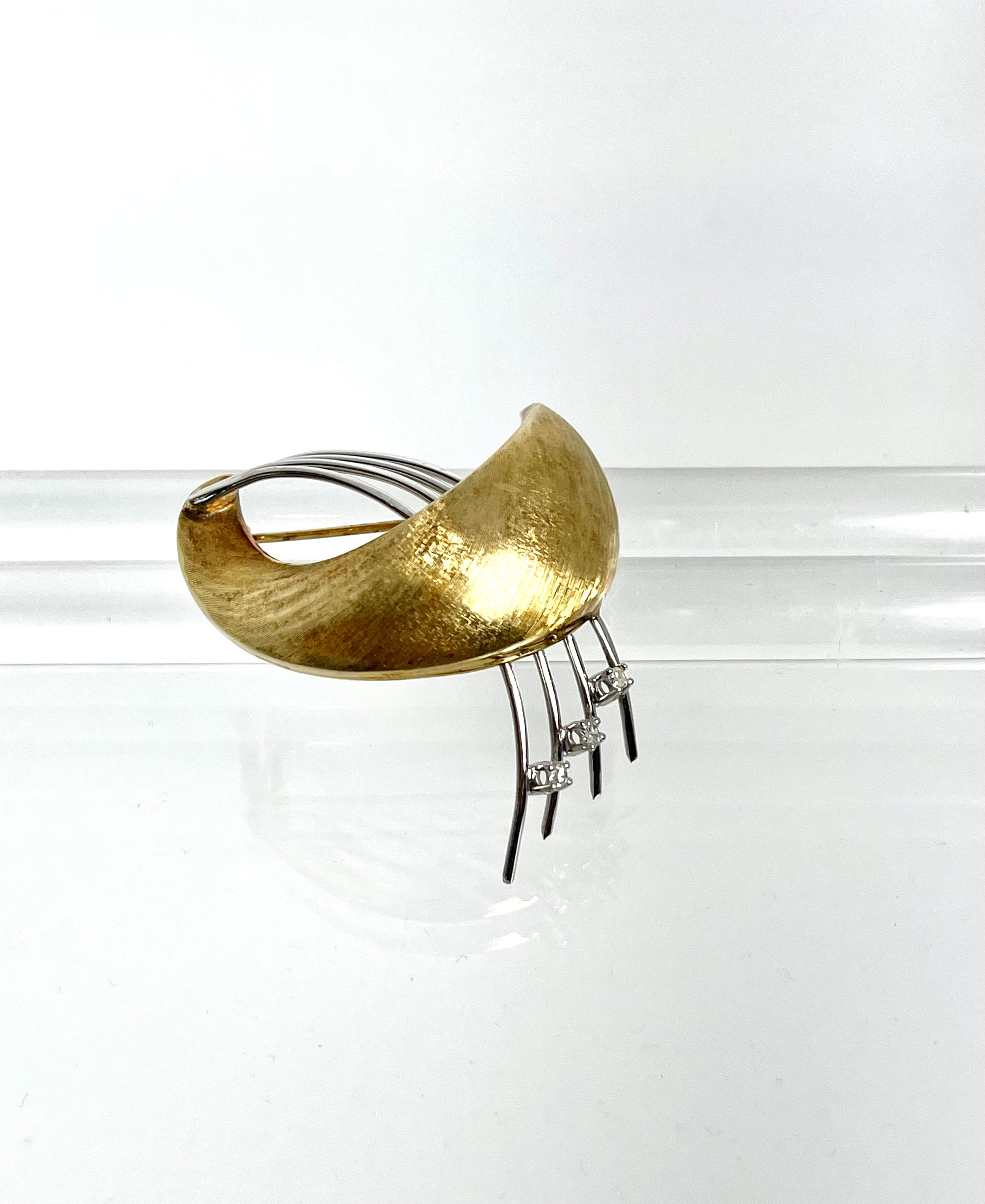 Vintage Yellow and White Gold Diamond Brooch, Free Form Pin