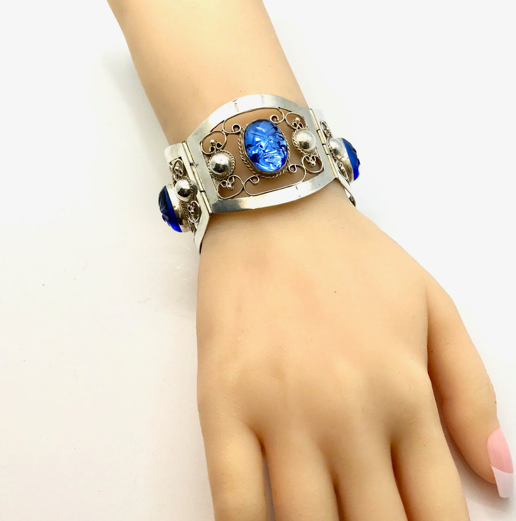 Sterling Silver Mexican Bracelet & Earring Set: Blue Carved Glass Filigree