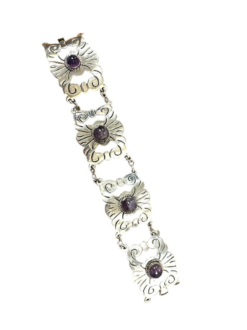 Vintage Mexican Silver Amethyst Link Bracelet: Geometric Scroll Design
