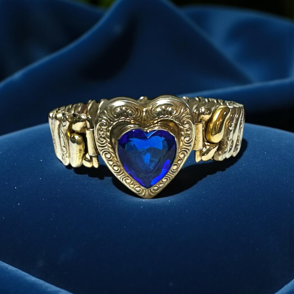 Antique Glass Heart Gold Sterling Silver Sweetheart Expansion Bracelet-1930s-40s