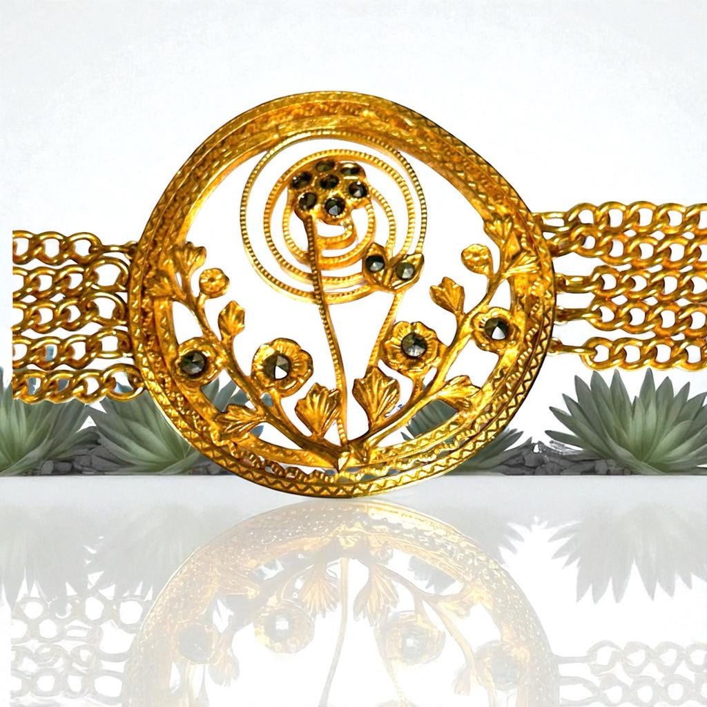Gold Tone Marcasite Chain Bracelet with Center Flower Design and Scroll Design Clasp