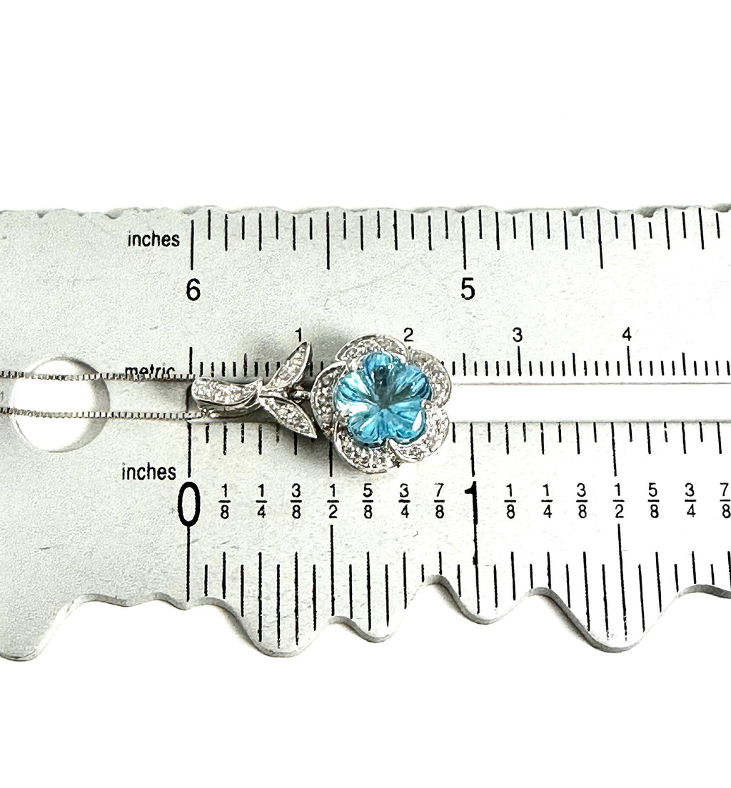 14K White Gold Flower-Cut Blue Topaz Diamond Necklace