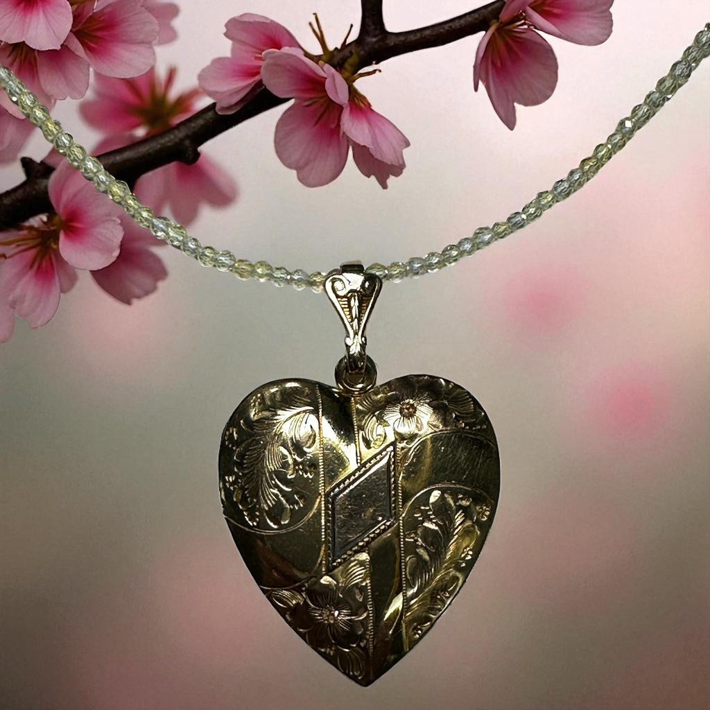 Vintage Gold-Filled Engraved Heart Locket Necklace Suspended by Quartz Crystal