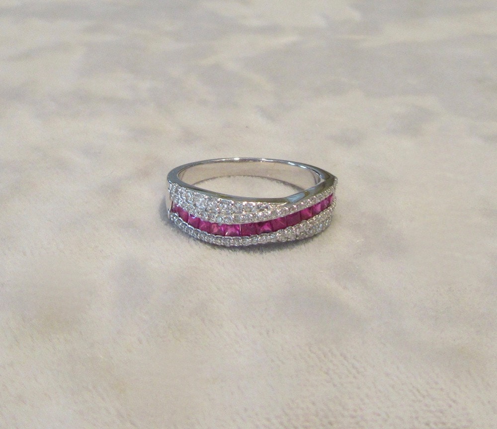 Vintage White Gold Ruby and Diamond Stackable Ring or Wedding Band