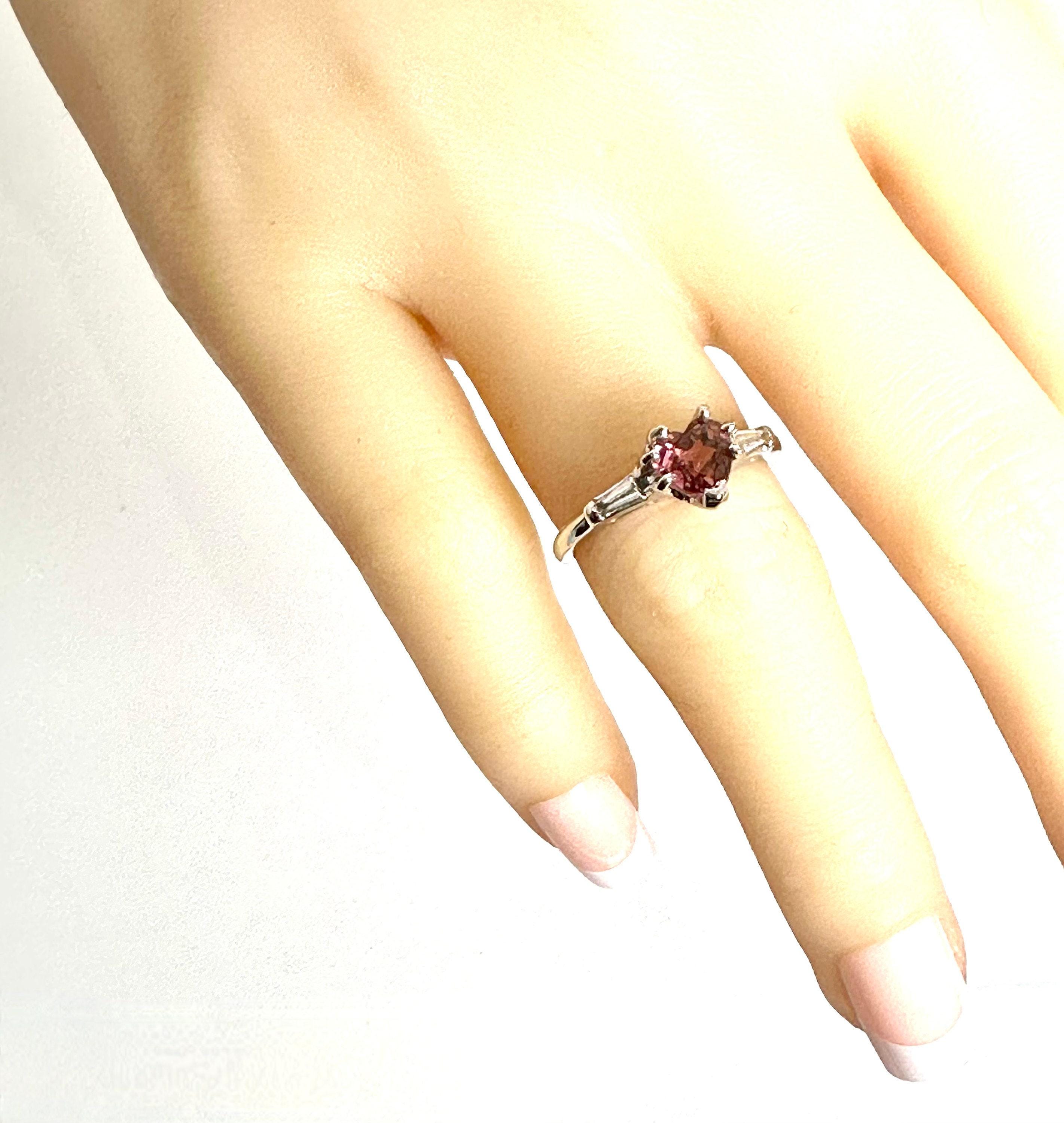 Unique 14K White Gold Heart Shaped Pink Tourmaline Ring with Baguette Diamond Accents