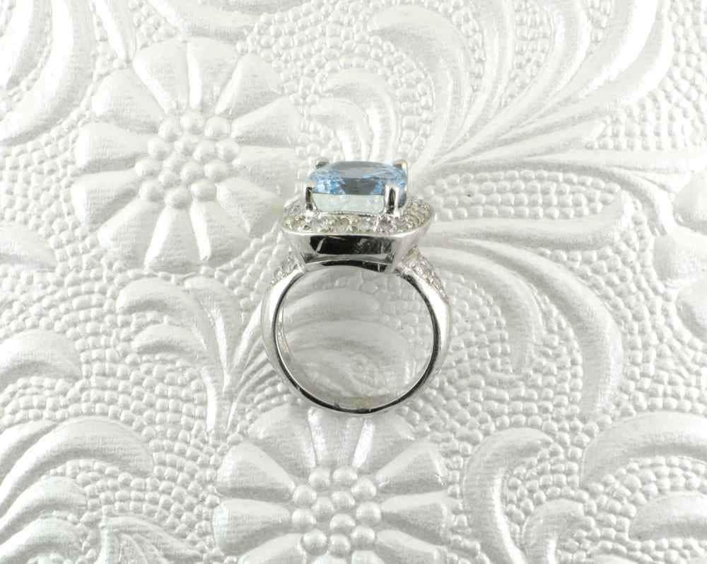 Vintage Aquamarine Diamond Halo Ring, 14k White Gold Cocktail Ring