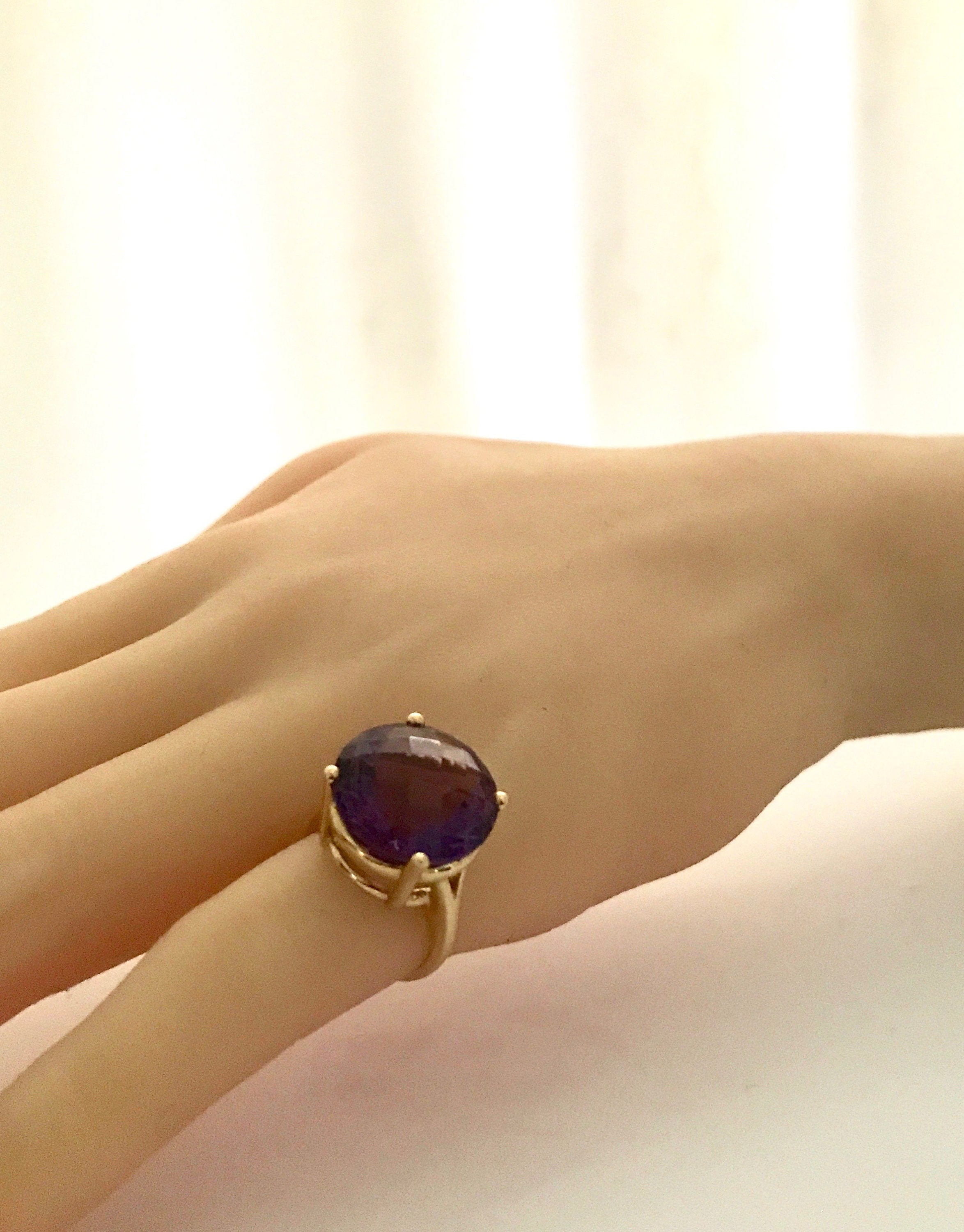 Yellow Gold Vintage Amethyst Ring - Checkerboard Faceted Gemstone