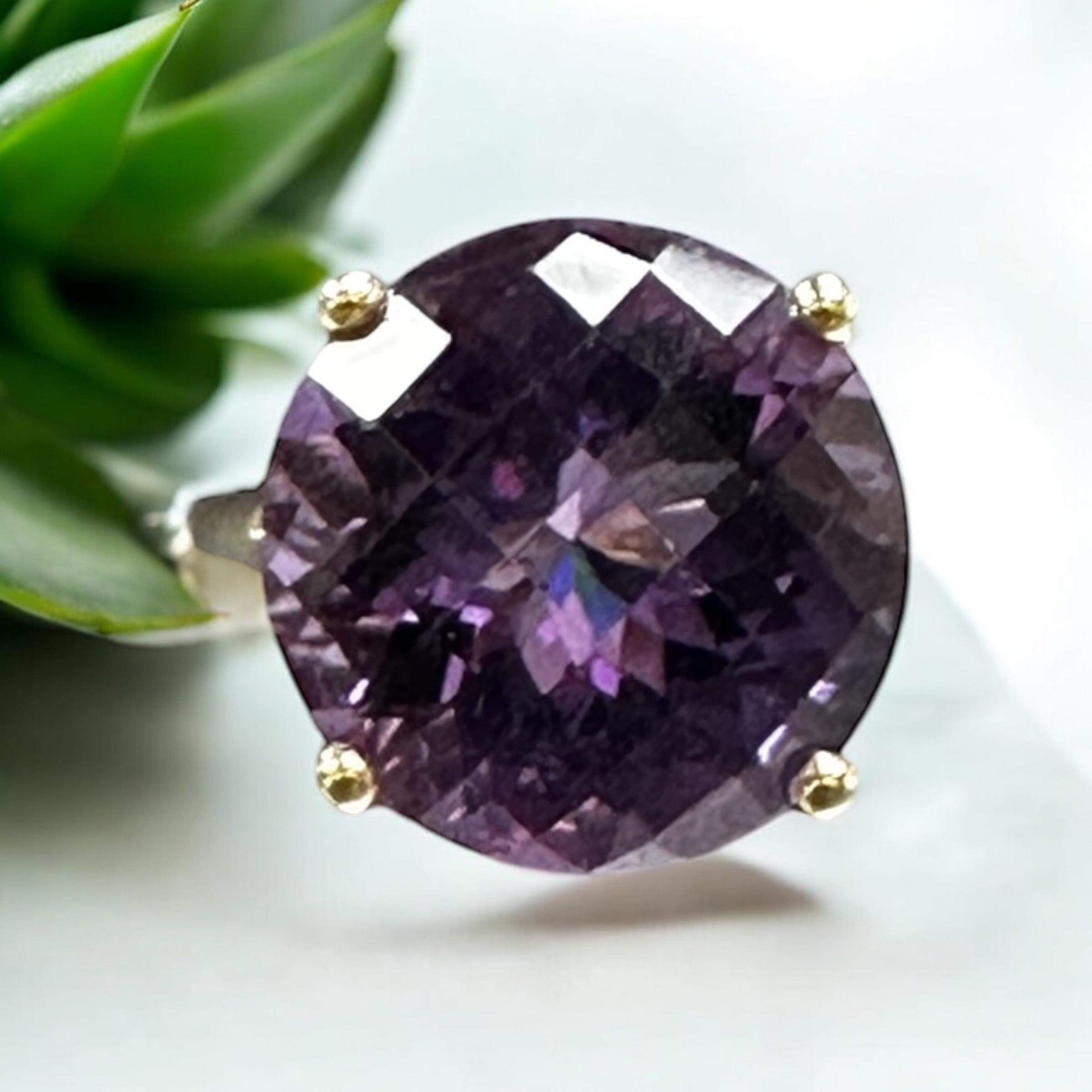 Yellow Gold Vintage Amethyst Ring - Checkerboard Faceted Gemstone