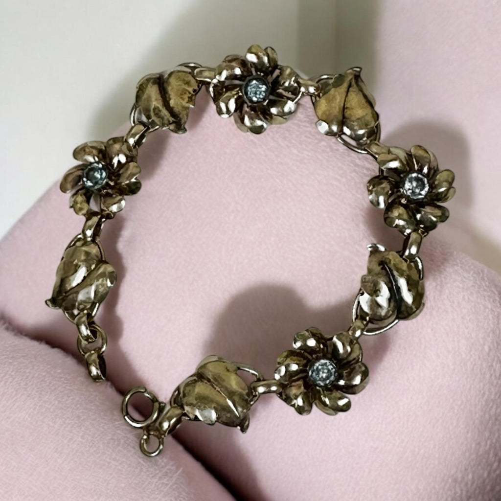 Nature Inspired Gold Filled Bracelet with Blue Glass Flower Detail