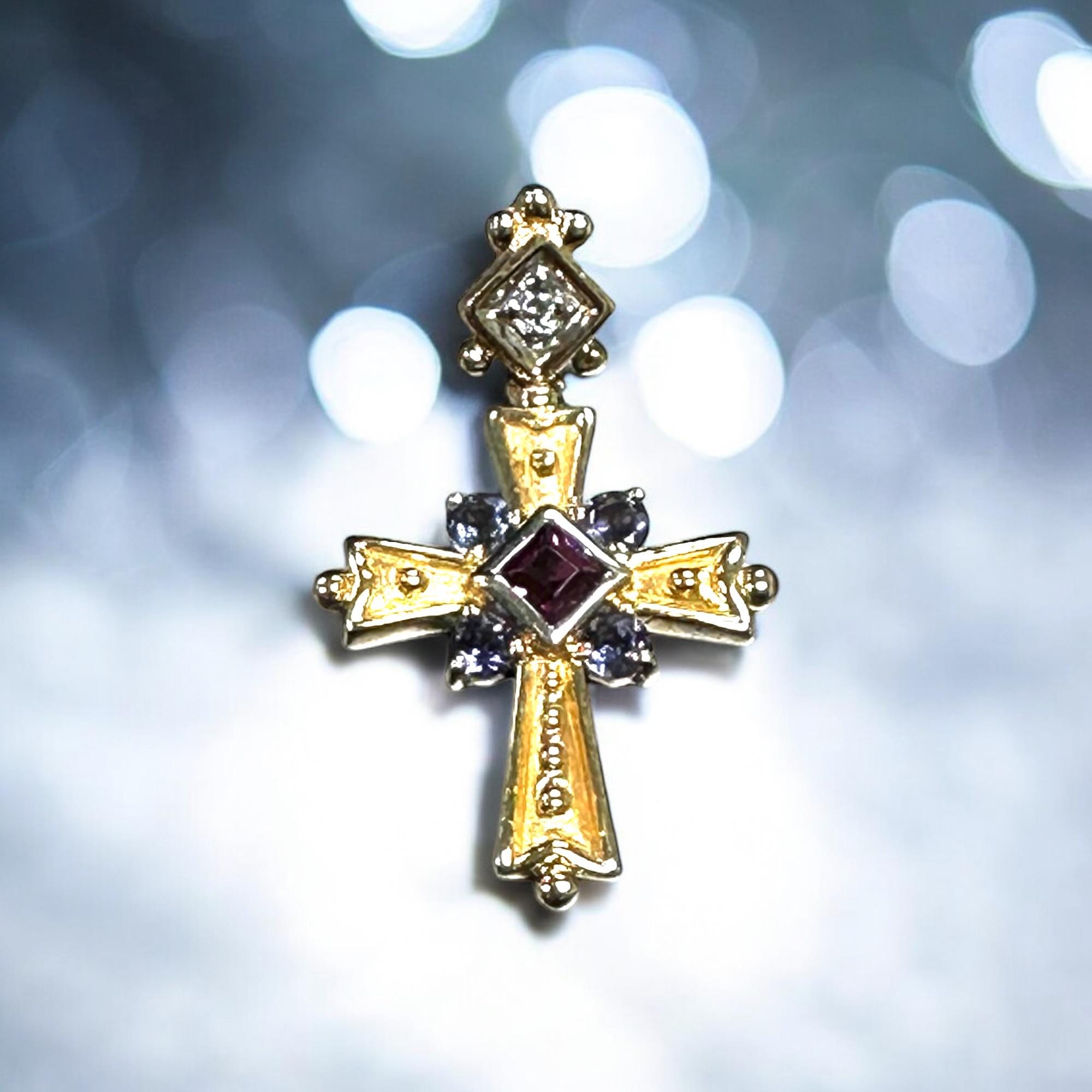 Vintage 14K Yellow Gold Cross Pendant: Pink Tourmaline, Tanzanite & Diamond