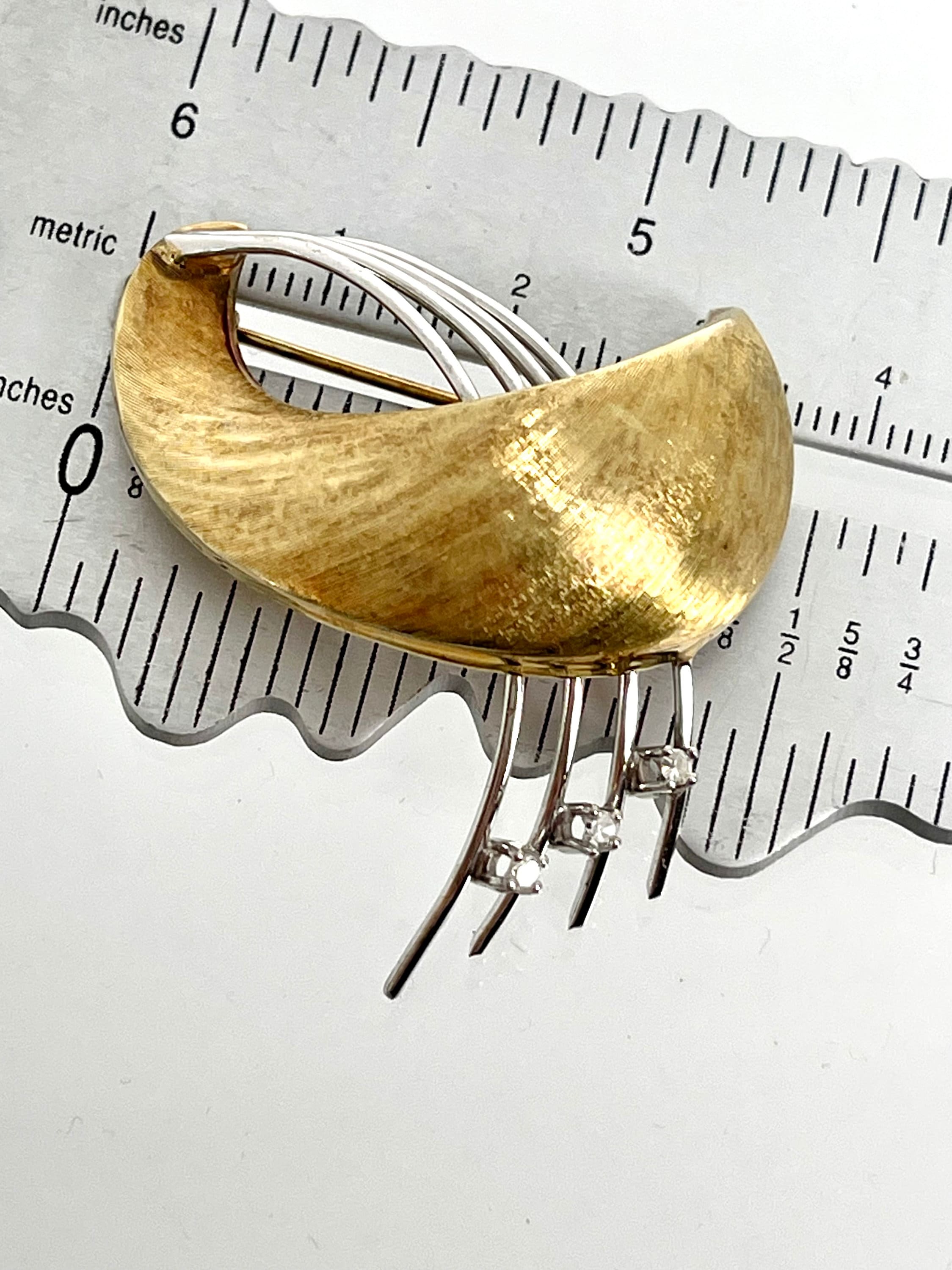 Vintage Yellow and White Gold Diamond Brooch, Free Form Pin