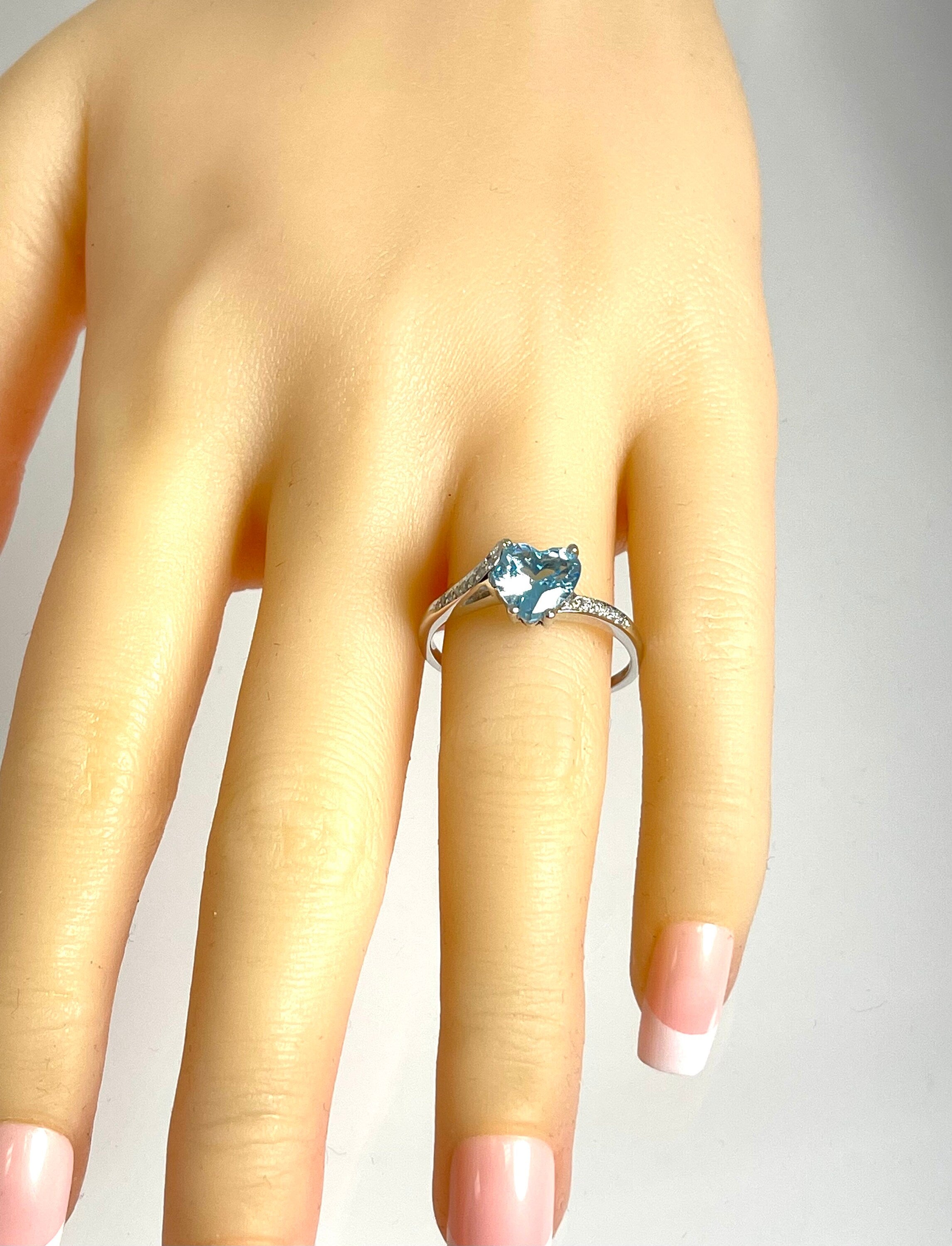 14K White Gold Heart Blue Topaz Ring with Diamond Accents