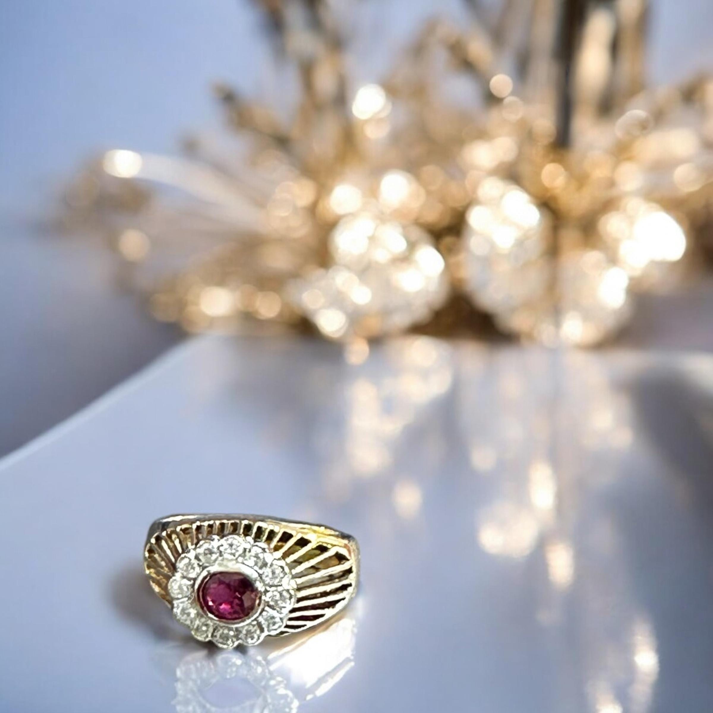 Vintage 14K Yellow Gold Ruby and Diamond Ring, Elevated Ruby Setting