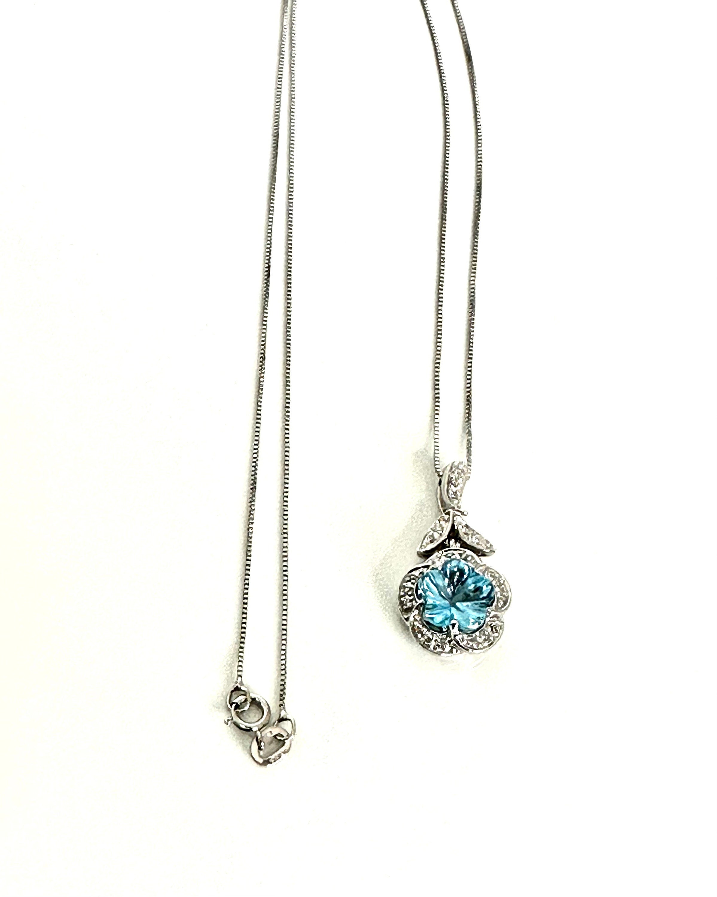 14K White Gold Flower-Cut Blue Topaz Diamond Necklace